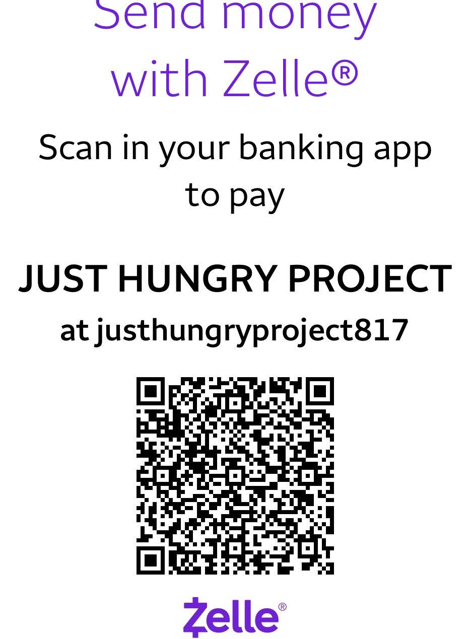 Official Just Hungry Project Zelle QR code. Use the link below if you cannot scan it.